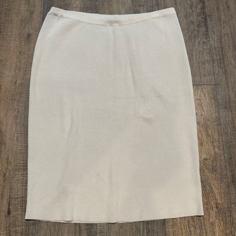 EILEEN FISHER Bone‎ Interlock Knit Silk Organic Cotton Midi Pencil Skirt Large